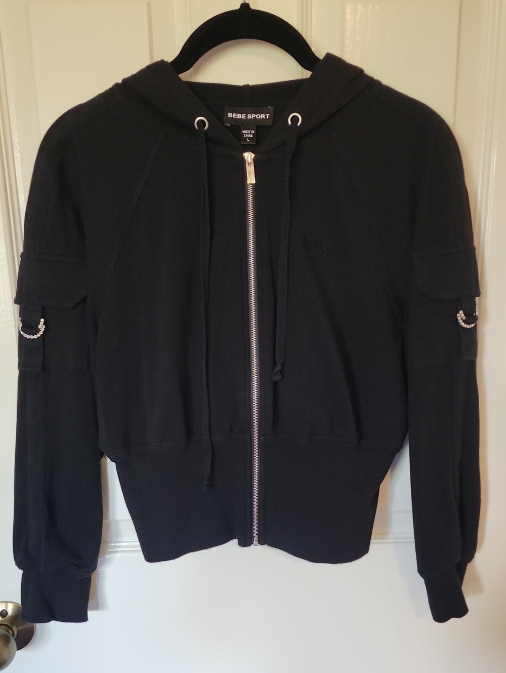 bebe Sport Black Embroidered Logo Zip Cropped Hoodie With Crystal Accents.